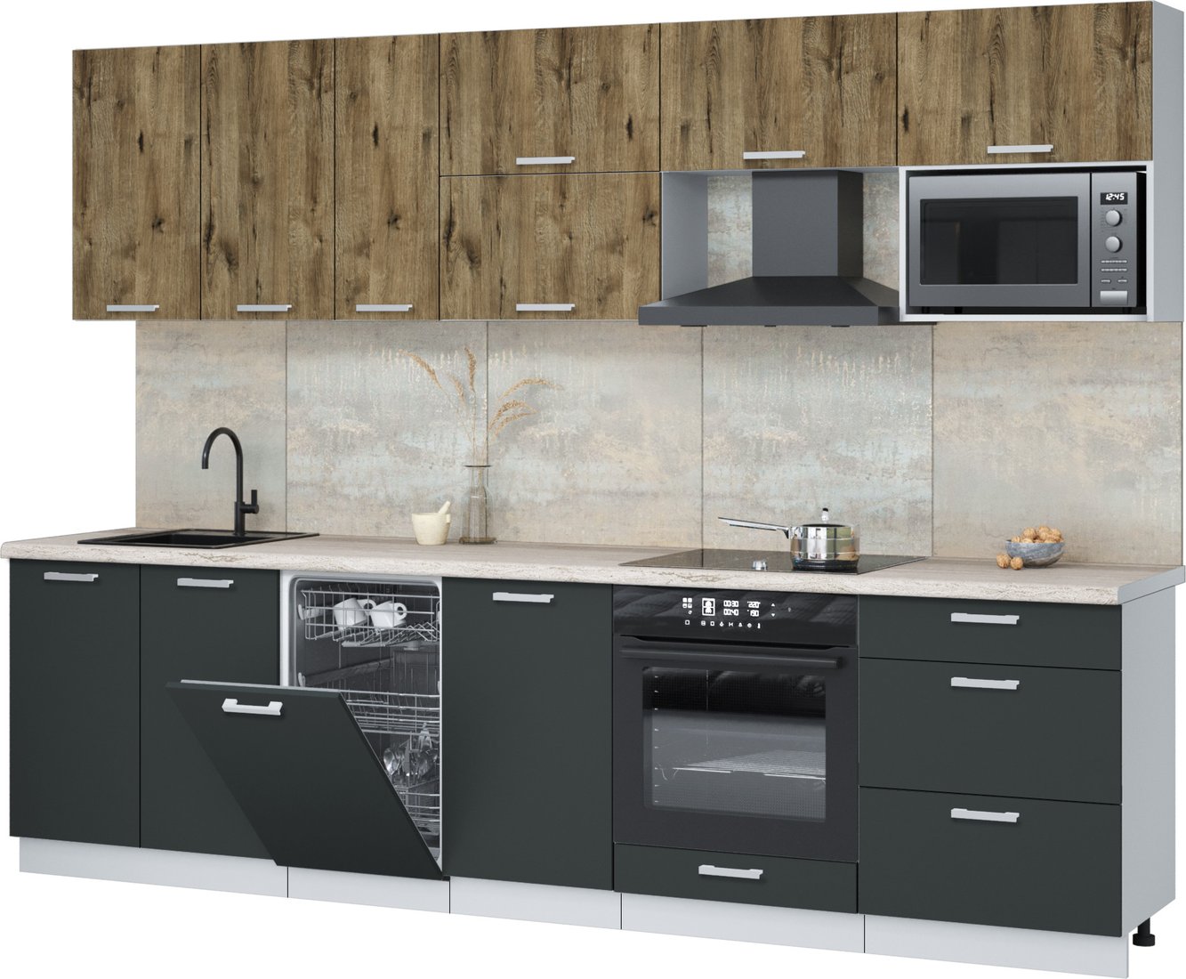 

Готовая кухня Интерлиния Мила Лайт 2.9-ПМ4 (дуб веллингтон/антрацит/травертин серый)