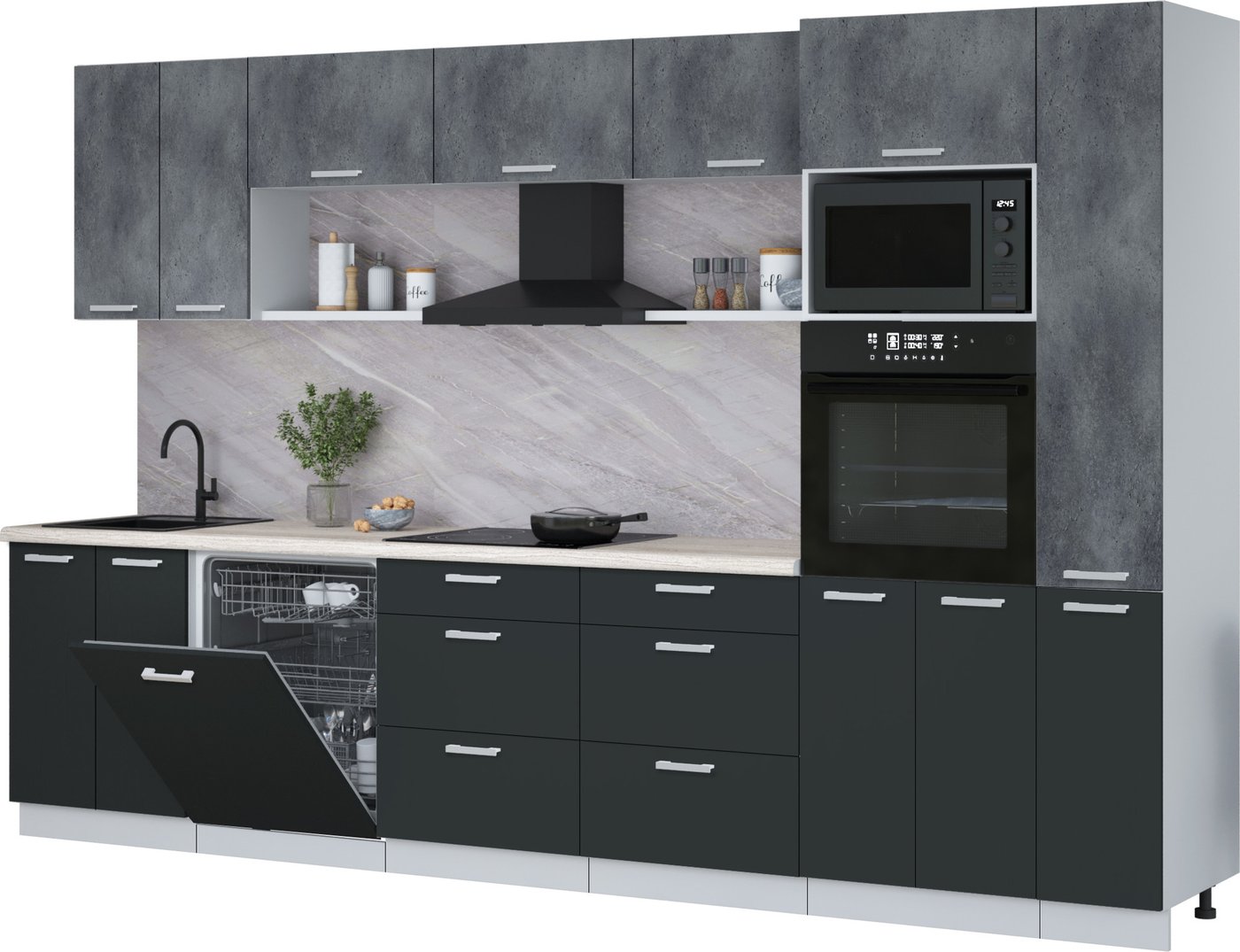 

Готовая кухня Интерлиния Мила Лайт 3.3-ПМ1 (бетон портленд/антрацит/травертин серый)