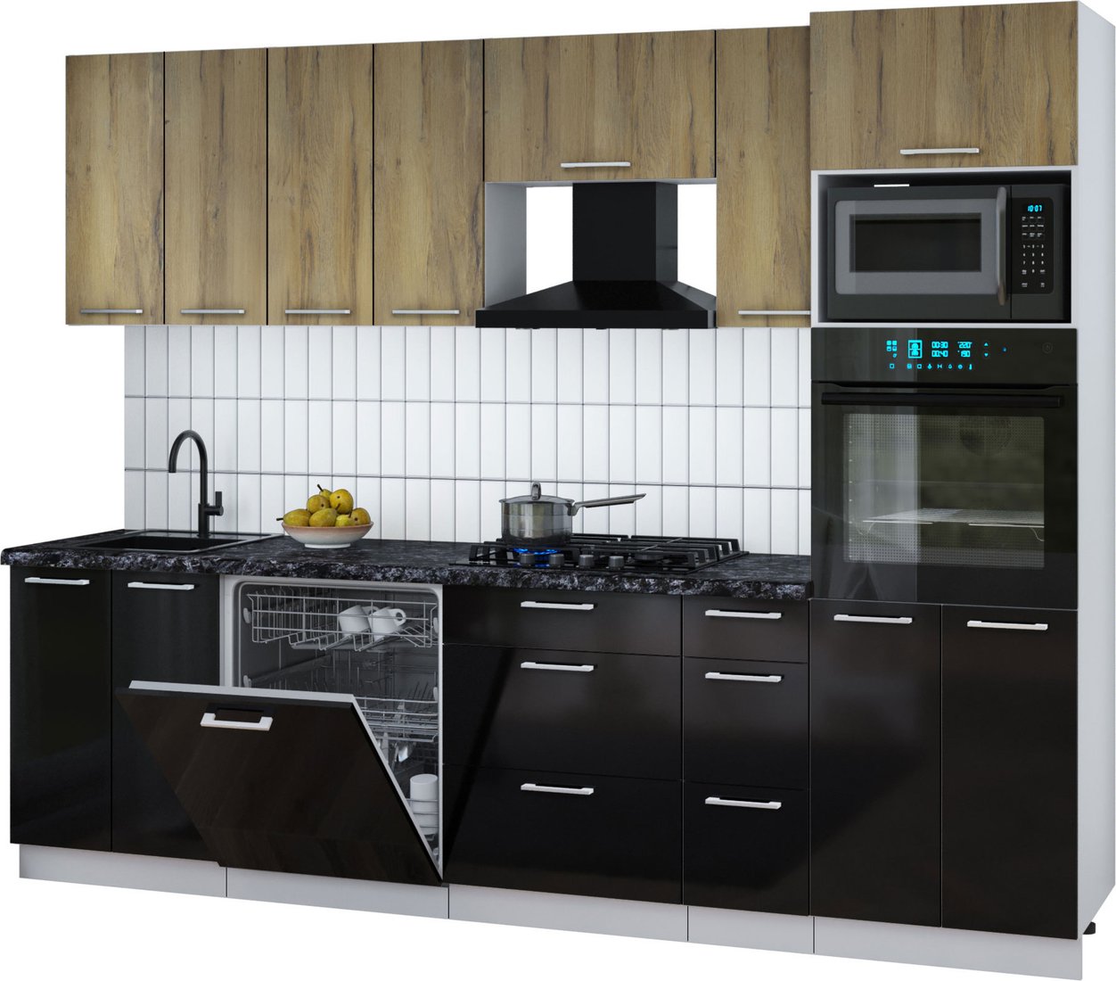 

Готовая кухня Интерлиния Мила Gloss 2.7-ПМ1 (черный глянец/дуб вотан/кастилло темный)