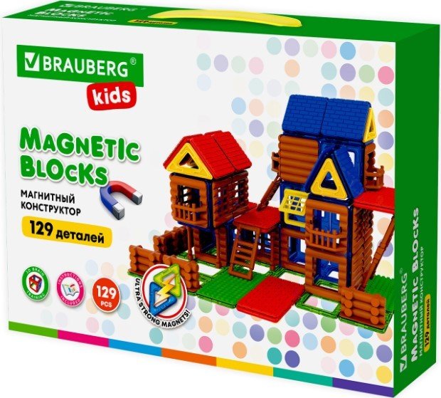 

Магнитный конструктор BRAUBERG 663850 Kids Magnetic Mega Build Blocks-129 Построй дом