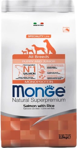 

Сухой корм для собак Monge All Breeds Puppy & Junior Monoprotein Salmon with Rice (для щенков всех пород с лососем и рисом) 2.5 кг