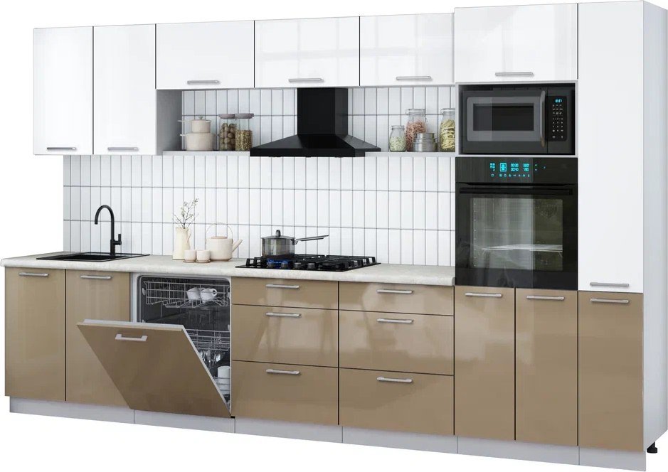 

Готовая кухня Интерлиния Мила Gloss 3.5-ПМ1 (капучино глянец/белый глянец/опал светлый)