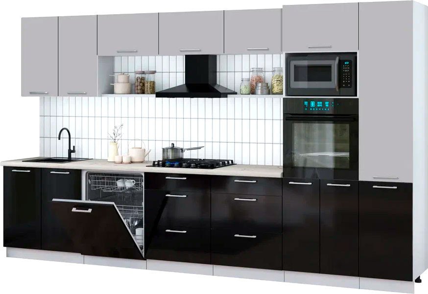 

Готовая кухня Интерлиния Мила Gloss 3.6-ПМ1 (черный глянец/грей/бискайская сосна)