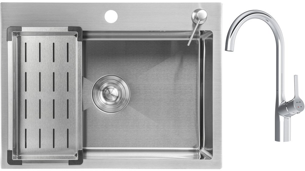 

Кухонная мойка Saniteco 6045 + Spike F9S07000 (хром, с сифоном, дозатором и коландером)