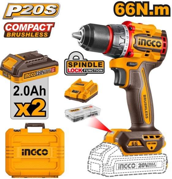 

Дрель-шуруповерт Ingco CDLI20668 (с 2-мя АКБ, кейс)