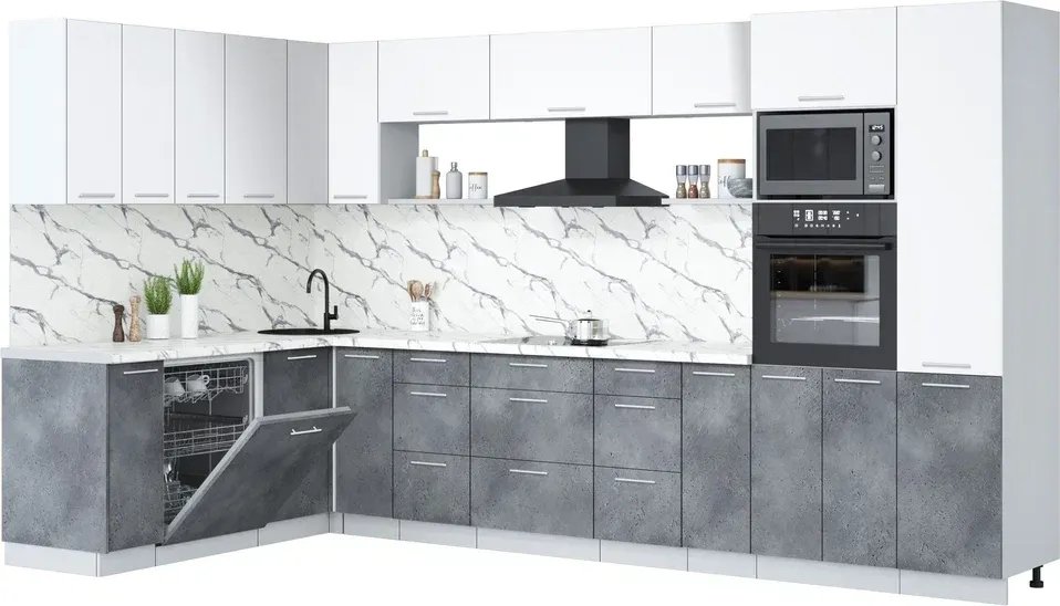 

Готовая кухня Интерлиния Мила Лайт 1.896х3.58 ( белый платинум/бетон портленд/белый гранит)