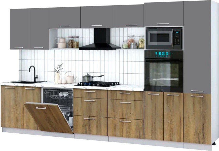 

Готовая кухня Интерлиния Мила Gloss 3.6-ПМ1 (дуб вотан/серый/белый гранит)