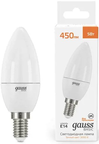 

Светодиодная лампочка Gauss Basic Свеча 5W 450lm 3000K E14 LED 10301152 (10 шт)