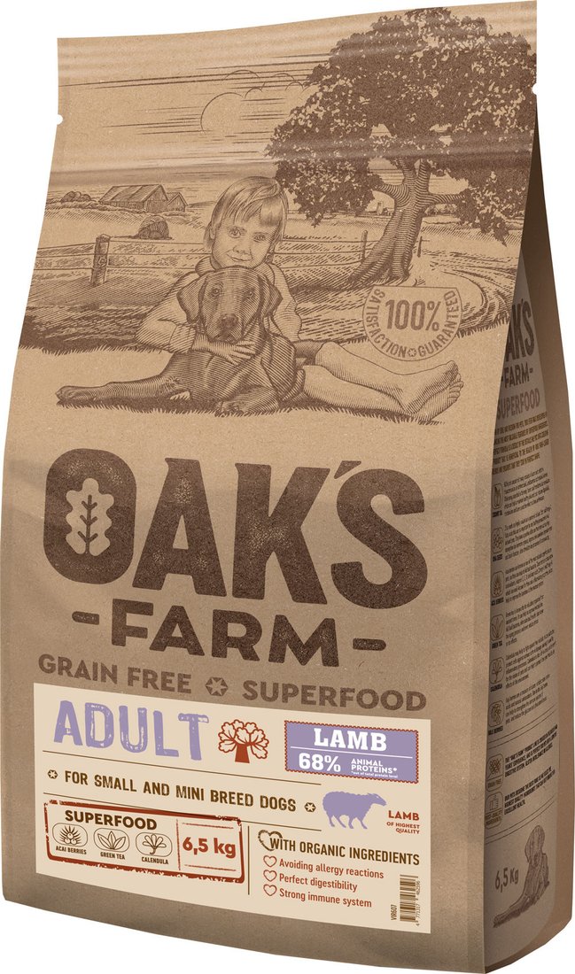 Сухой корм для собак Oak's Farm Беззерновой для взрослых собак малых и миниатюрных пород. Ягненок (6.5 кг)