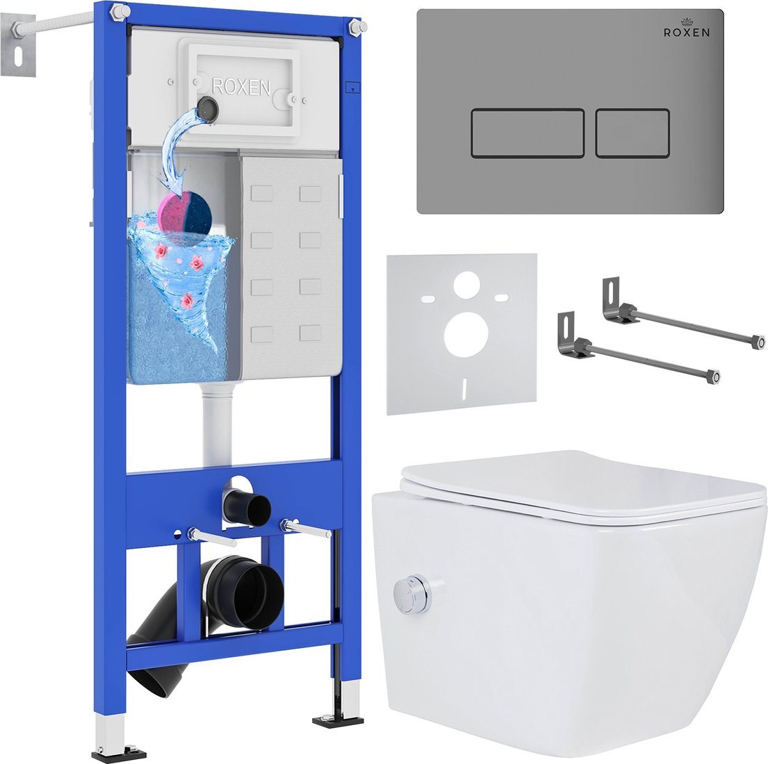 

Унитаз подвесной Roxen Cube Bidet One Rimless 6 в 1 StounFix Dual Fresh 608961 (кнопка: матовая)