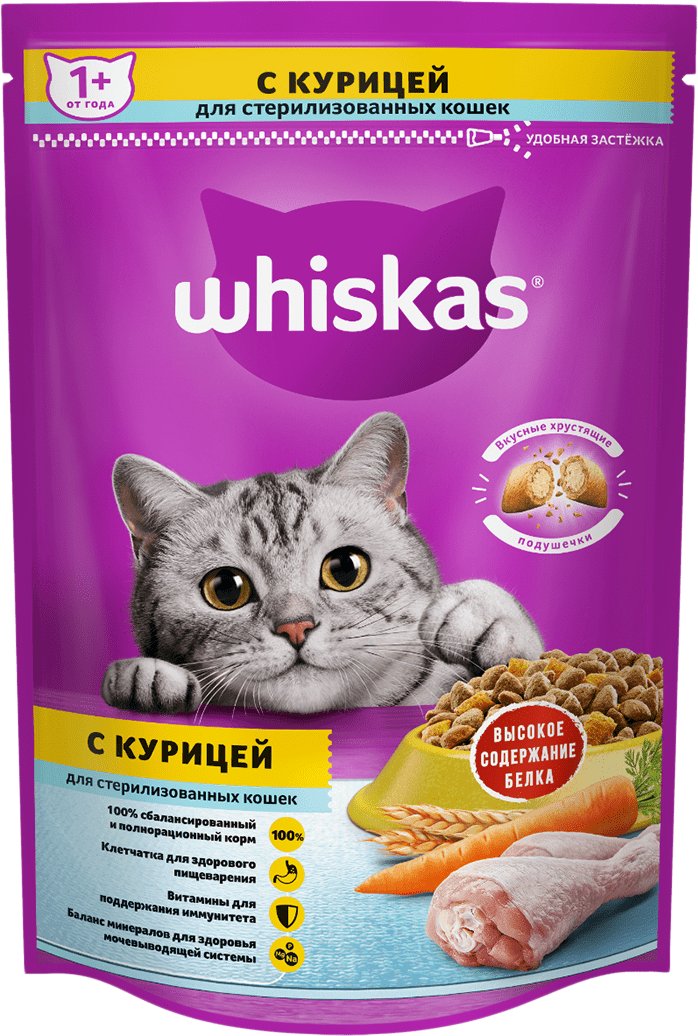 

Сухой корм для кошек Whiskas для стерилизованных с курицей и вкусными подушечками 0.35 кг