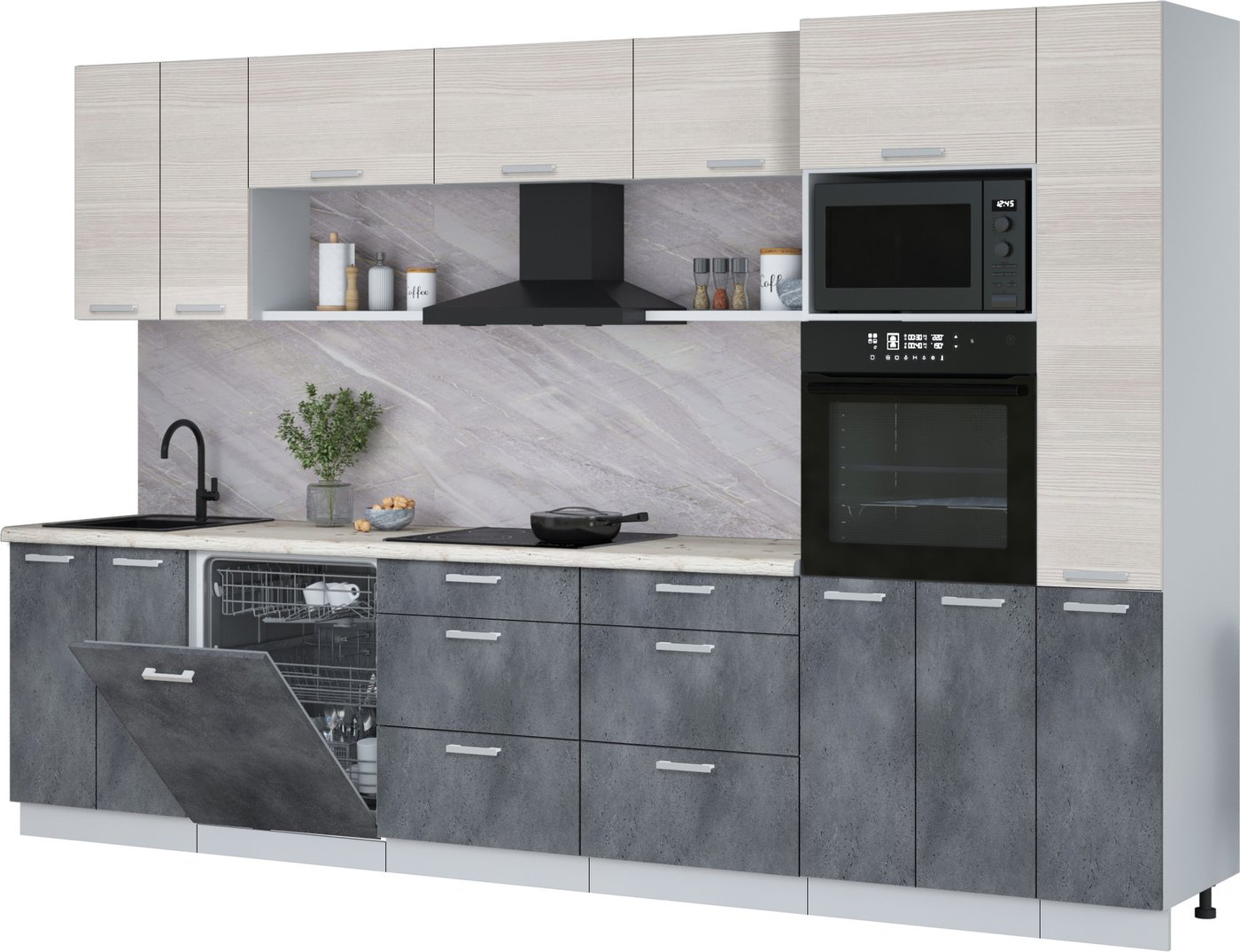 

Готовая кухня Интерлиния Мила Лайт 3.3-ПМ1 (вудлайн кремовый/бетон портленд/бискайская сосна)