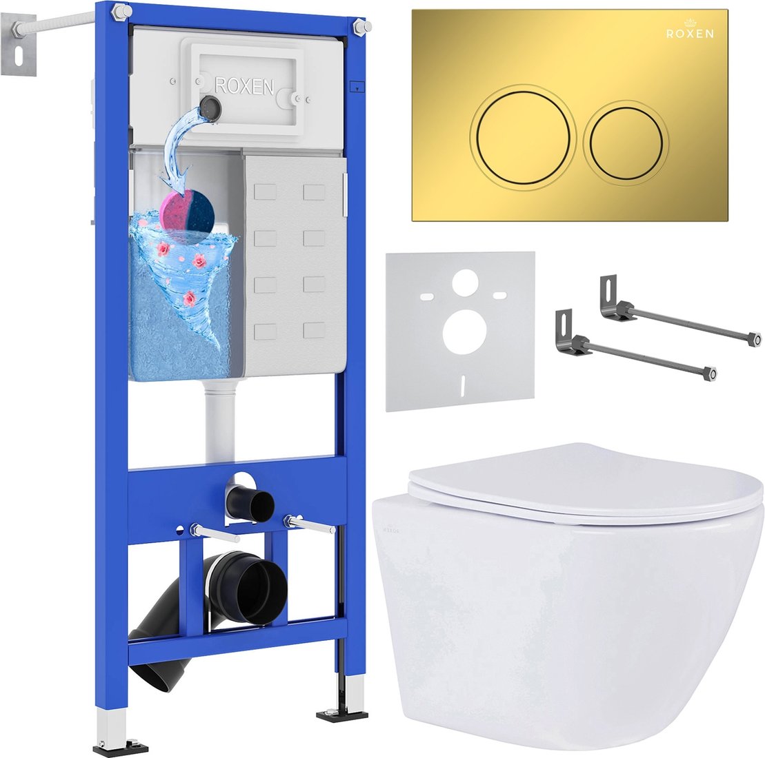 

Унитаз подвесной Roxen Antares в комплекте с инсталляцией StounFix Dual Fresh 6 в 1 968010 (кнопка: золото глянцевое )
