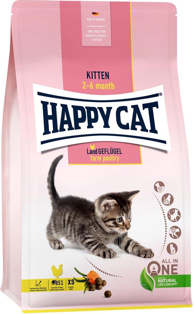 

Сухой корм для кошек Happy Cat Kitten Land-Geflugel 37,5/21 птица, лосось, без злаков 1.3 кг