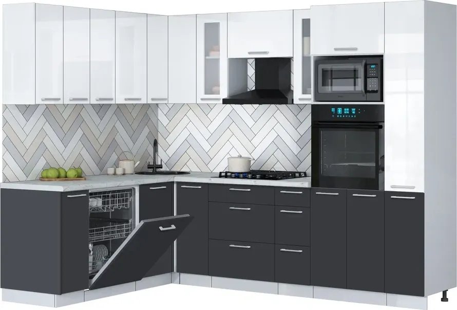 

Готовая кухня Интерлиния Мила Gloss 1.896х2.68 (пепел/белый глянец/серый каспий)