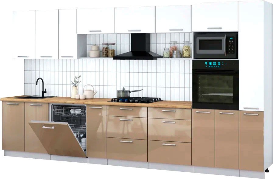 

Готовая кухня Интерлиния Мила Gloss 3.8-ПМ1 (капучино глянец/белый/дуб бунратти)