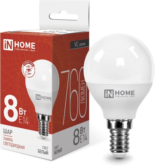 

Светодиодная лампочка In Home LED-Шар-VC 8Вт 230В Е14 4000К 760Лм 4690612020556