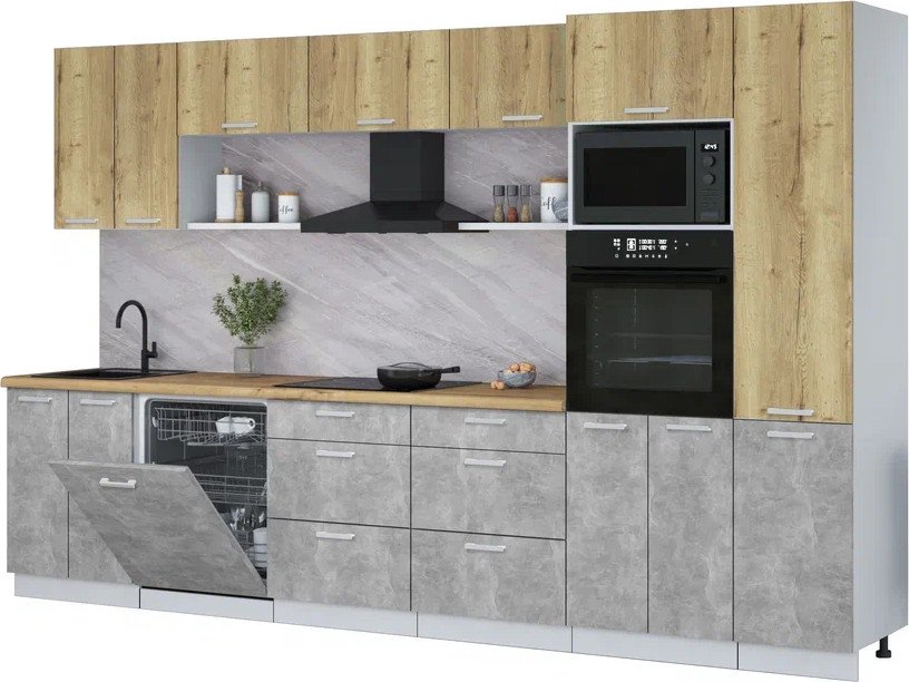 

Готовая кухня Интерлиния Мила Лайт 3.4-ПМ1 (дуб золотой/бетон/дуб бунратти)