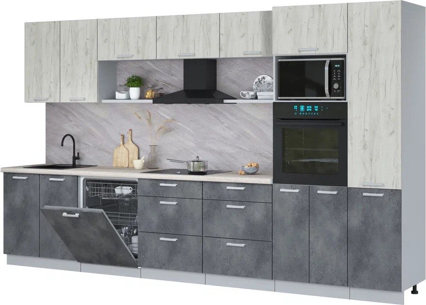 

Готовая кухня Интерлиния Мила Лайт 3.6-ПМ1 (дуб белый/бетон портленд/травертни)