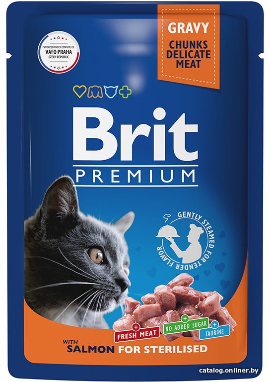 Пресервы Brit Premium для взрослых стерилизованных кошек с лососем в соусе 85 г