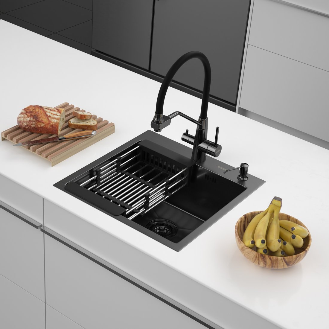 

Кухонная мойка ARFEKA ECO AR мойка 500*500, коландер, дозатор BLACK DECOR VOLCANIC ROCK