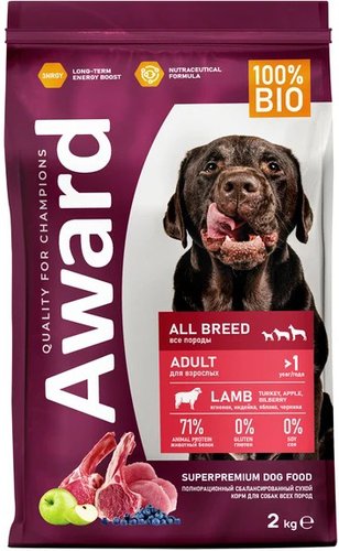 Сухой корм для собак Award Adult All Breed с ягненком с индейкой с добавлением яблока и черники 2 кг