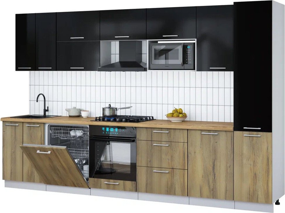 

Готовая кухня Интерлиния Мила Gloss 3.3-ПМ2 (дуб вотан/черный глянец/дуб бунратти)