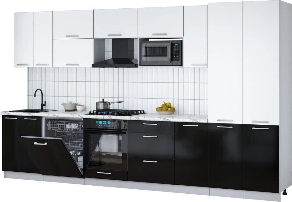 

Готовая кухня Интерлиния Мила Gloss 3.6-ПМ2 (черный глянец/белый/белый гранит)