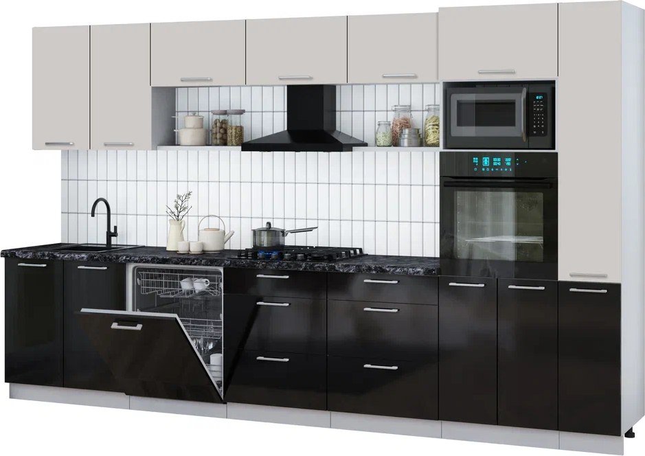 

Готовая кухня Интерлиния Мила Gloss 3.5-ПМ1 (черный глянец/кашемир/кастилло темный)