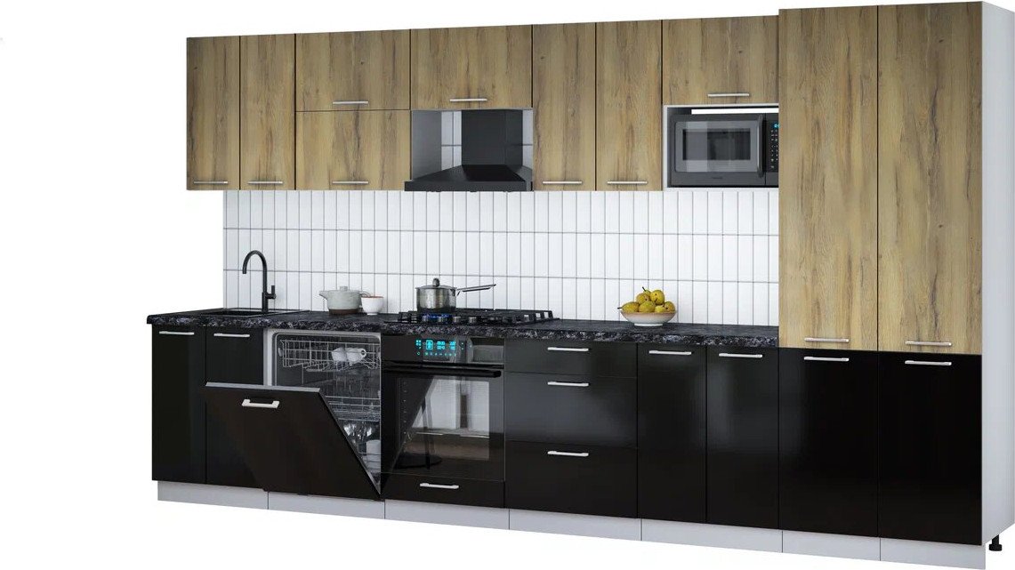 

Готовая кухня Интерлиния Мила Gloss 3.8-ПМ2 (черный глянец/дуб вотан/кастилло темный)