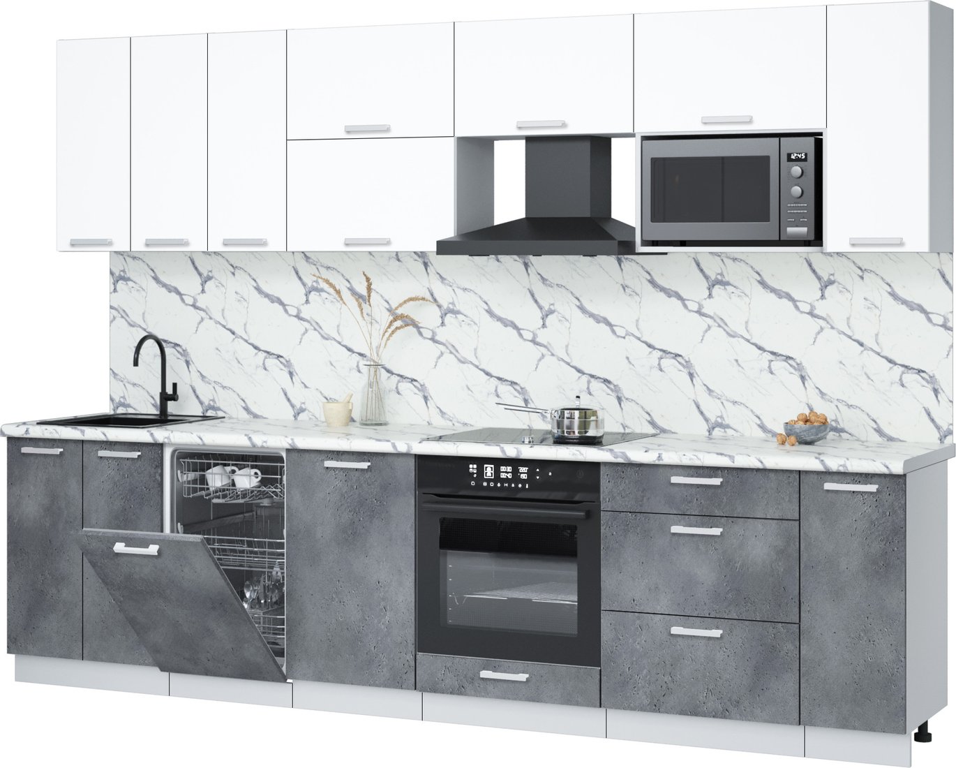 

Готовая кухня Интерлиния Мила Лайт 3.0-ПМ4 (белый платинум/бетон портленд/белый гранит)