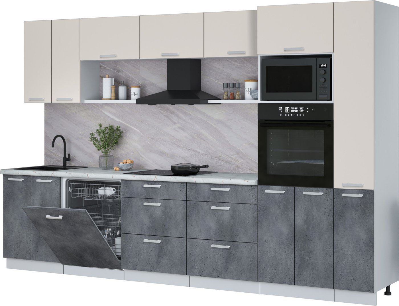 

Готовая кухня Интерлиния Мила Лайт 3.3-ПМ1 (персидский жемчуг/бетон портленд/серый каспий)