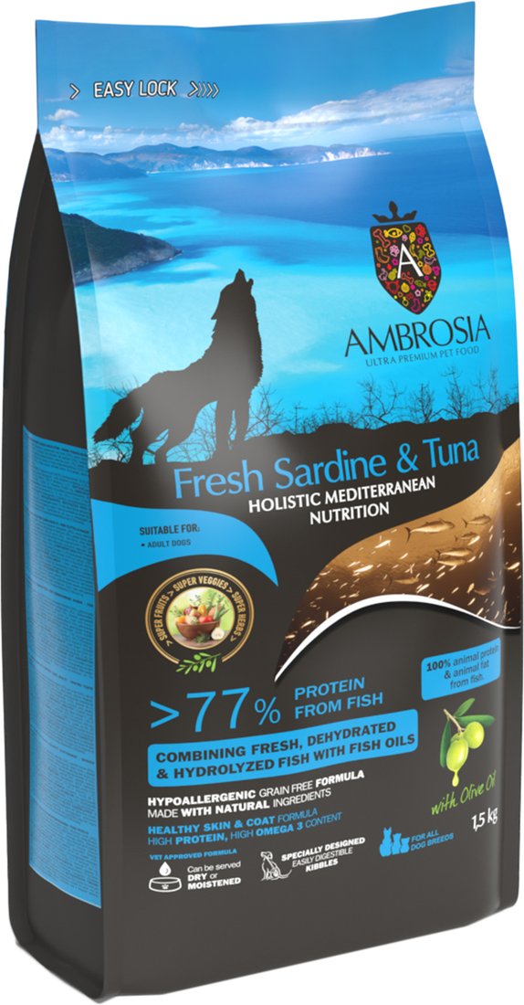 

Сухой корм для собак Ambrosia Mediterranean Adult All Breeds Fresh Sardine & Tuna (для всех пород с сардиной и тунцом) 1.5 кг