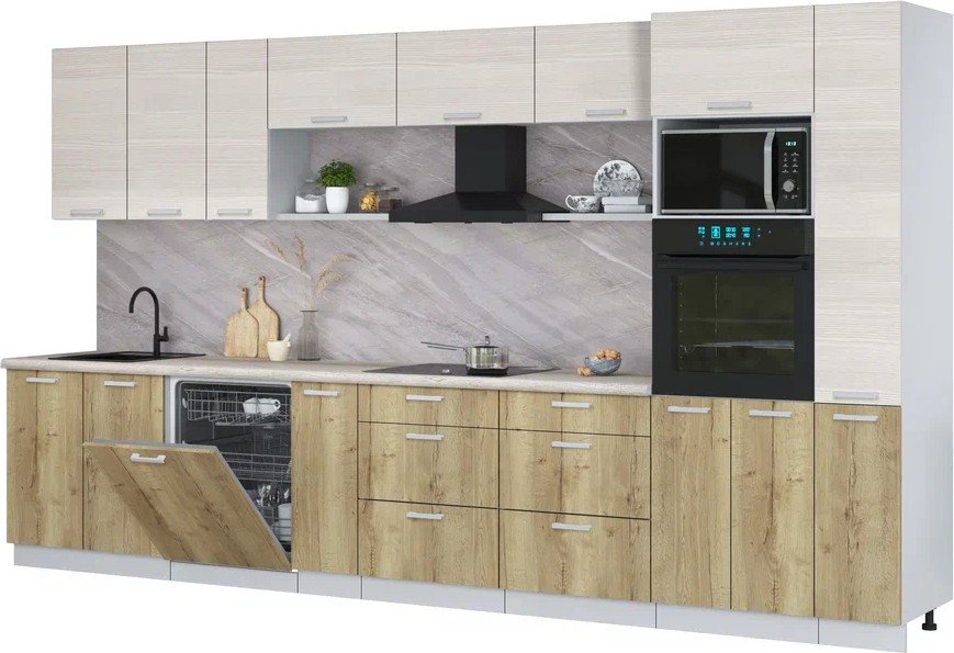 

Готовая кухня Интерлиния Мила Лайт 3.8-ПМ1 (вудлайн кремовый/дуб золотой/травертин серый)