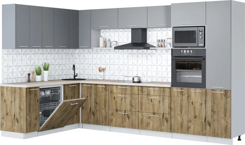 

Готовая кухня Интерлиния Мила Лайт 1.896х3.38 (серебро/дуб веллингтон/травертин серый)