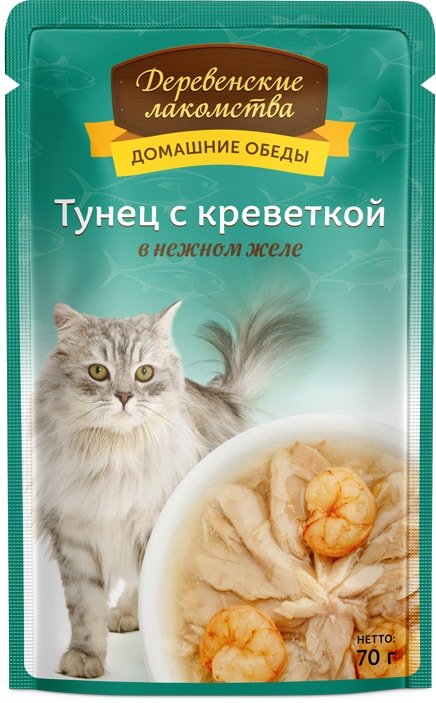 

Консервированный корм для кошек Деревенские лакомства Тунец с креветкой в желе 70 г