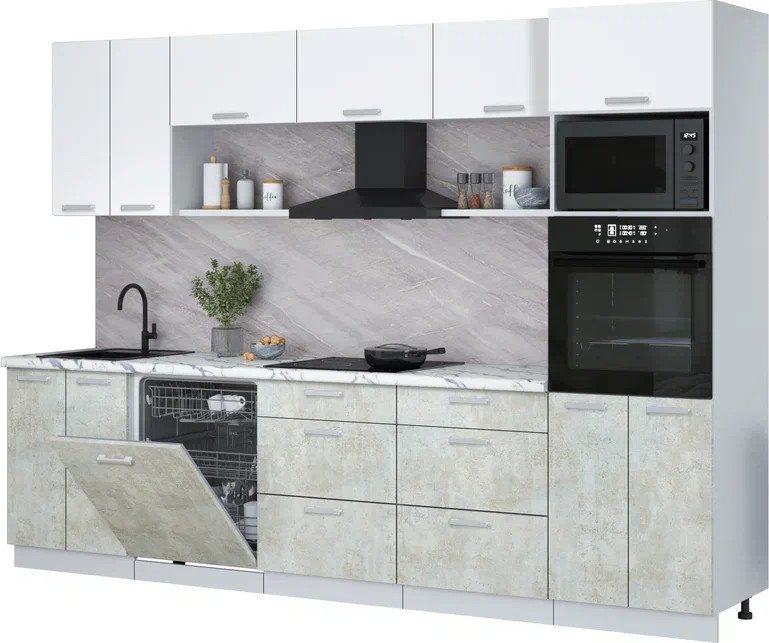 

Готовая кухня Интерлиния Мила Лайт 3.0-ПМ1 (белый платинум/бетон лайт/белый гранит)