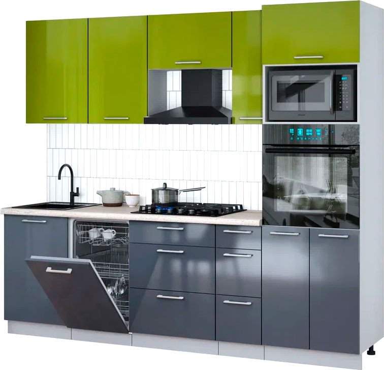 

Готовая кухня Интерлиния Мила Gloss 2.45-ПМ3 (асфальт глянец/яблоко глянец/травертин серый)