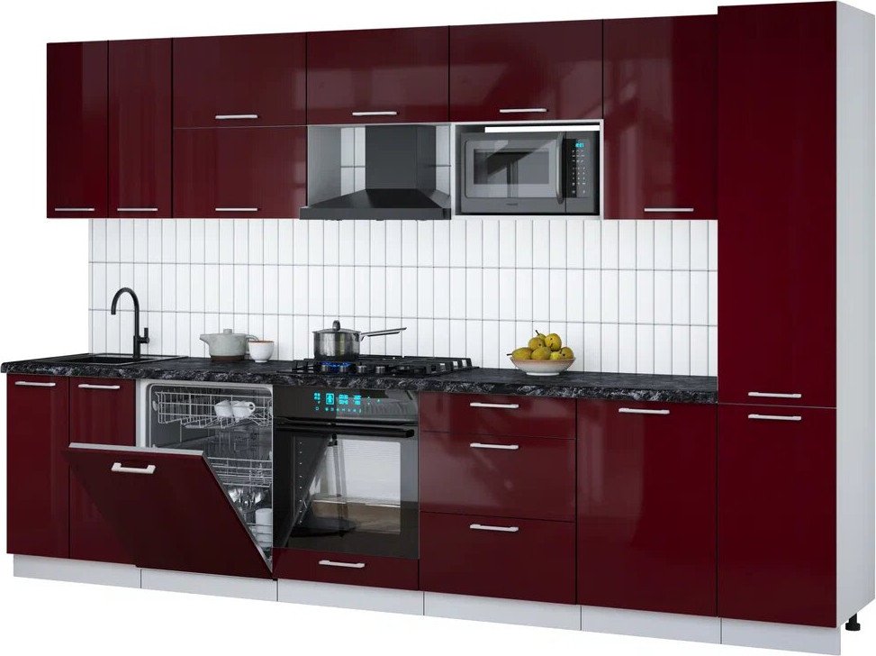 

Готовая кухня Интерлиния Мила Gloss 3.3-ПМ2 (бордовый глянец/бордовый глянец/кастилло темный)