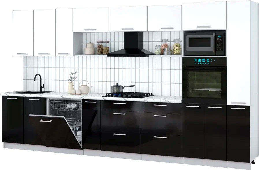 

Готовая кухня Интерлиния Мила Gloss 3.8-ПМ1 (черный глянец/белый/белый гранит)