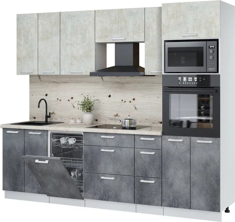 

Готовая кухня Интерлиния Мила Лайт 2.55-ПМ3 ( бетон лайт/бетон портленд/бискайская сосна)