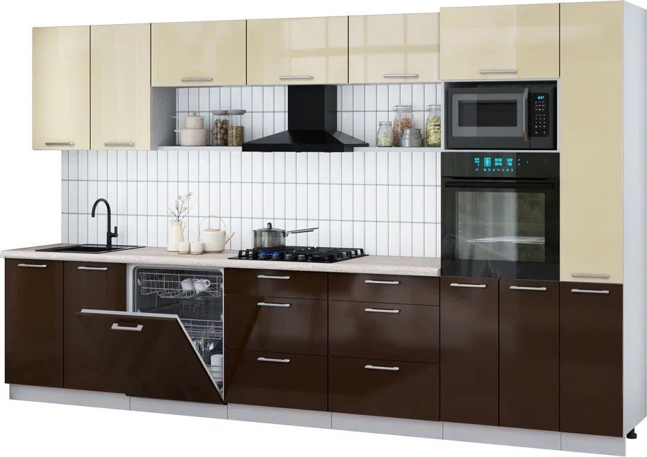 

Готовая кухня Интерлиния Мила Gloss 3.5-ПМ1 (шоколад глянец/ваниль глянец/травертин серый)