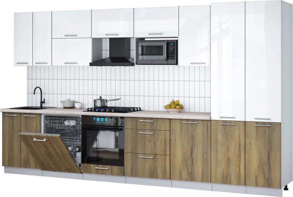 

Готовая кухня Интерлиния Мила Gloss 3.7-ПМ2 (дуб вотан/белый глянец/травертин серый)