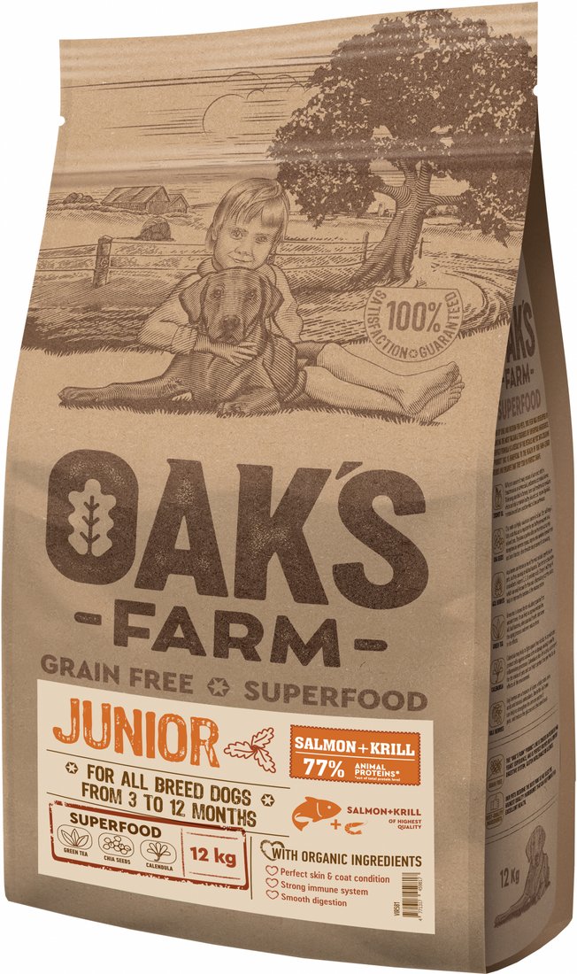 

Сухой корм для собак Oak's Farm Беззерновой для щенков всех пород. Лосось и криль (12 кг)