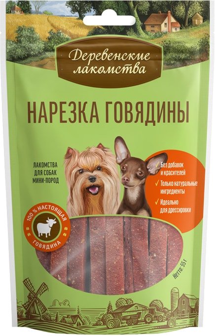 

Лакомство для собак Деревенские лакомства Нарезка говядины для мини-пород 55 г
