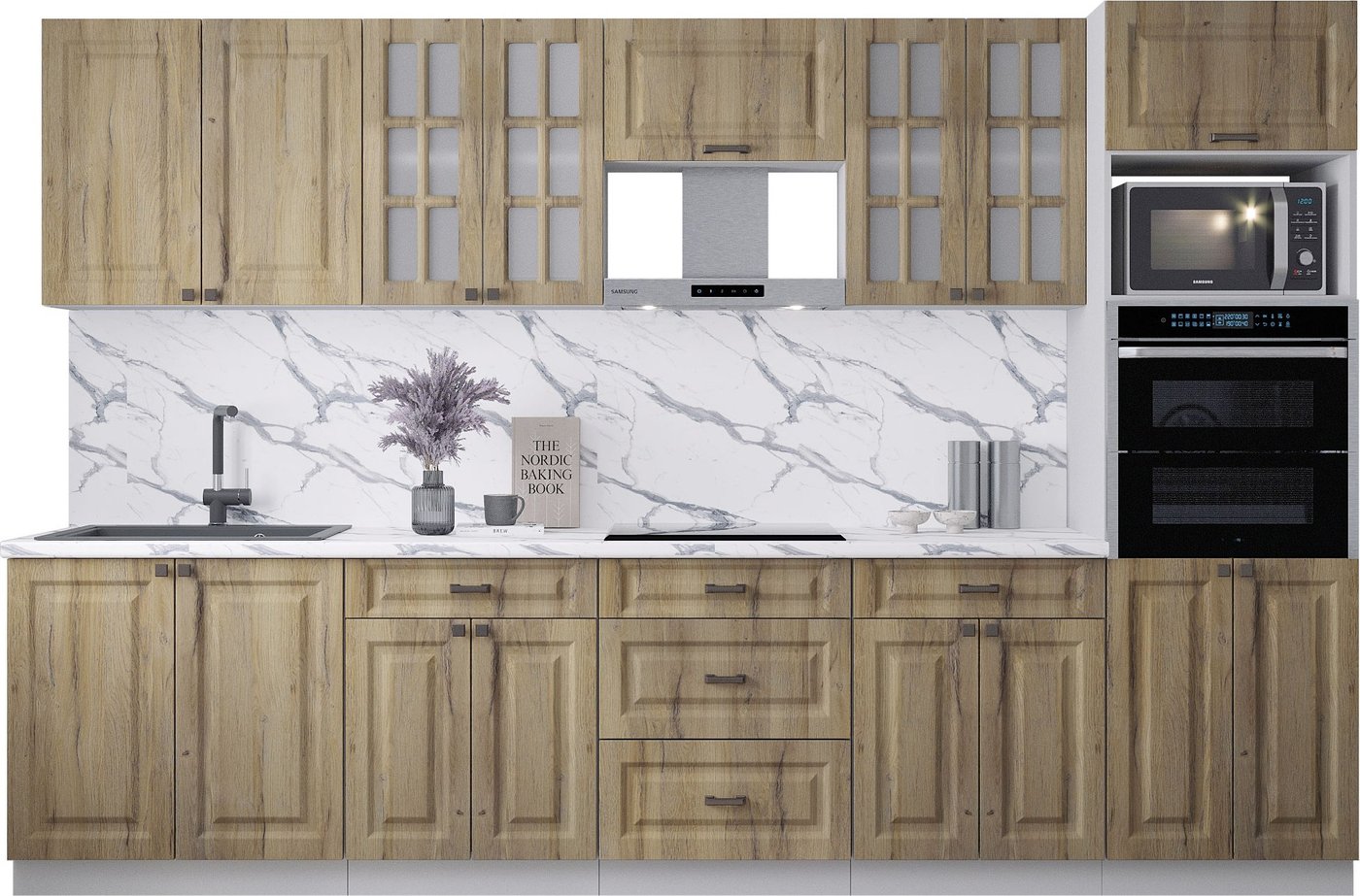 

Готовая кухня Интерлиния Мила Деко 3.2 (дуб вотан/дуб вотан/белый гранит)