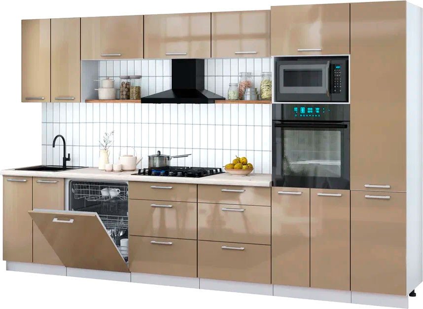 

Готовая кухня Интерлиния Мила Gloss 3.4-ПМ1 (капучино глянец/капучино глянец/бискайская сосна)