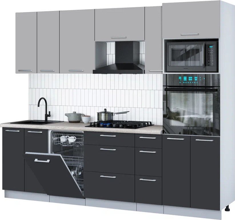 

Готовая кухня Интерлиния Мила Gloss 2.55-ПМ3 (пепел/грей/травертин серый)