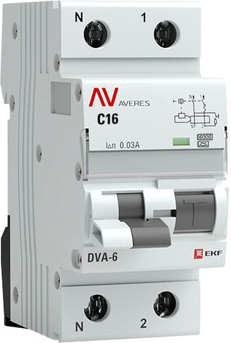 Дифференциальный автомат EKF Averes DVA-6 2P 16А 30мА (C) 6кА тип A rcbo6-1pn-16C-30-a-av