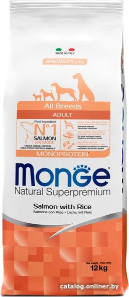 Сухой корм для собак Monge All Breeds Adult Monoprotein Salmon and Rice с лососем и рисом 12 кг